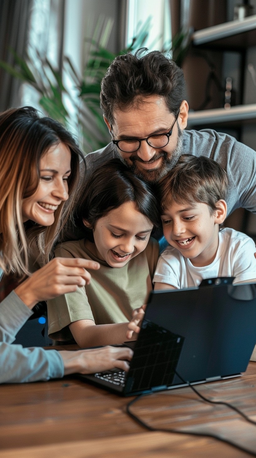 Photo d'une famille de quatre vu de dos.